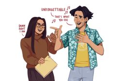  1boy 1girl aqua_shirt arm_hair beamed_sixteenth_notes beard_stubble black_eyes black_hair brown_skirt brown_sweater commentary cowboy_shot denim earrings english_commentary english_text facial_hair finger_gun glasses hand_on_own_chest hawaiian_shirt holding holding_paper jeans jewelry long_hair long_skirt long_sleeves music musical_note open_mouth pants paper paperclip papers round_eyewear sasha_james shirt short_hair short_sleeves simple_background singing sixteenth_note skirt smile speech_bubble spoken_musical_note stubble sweater t-shirt tasha_neva the_magnus_archives tim_stoker tooth_gap white_background yellow_shirt 