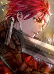  1boy armor diamant_(fire_emblem) fire_emblem fire_emblem_engage from_side gloves highres holding holding_sword holding_weapon looking_to_the_side male_focus red_eyes redhead solo sword t_misaomaru weapon 