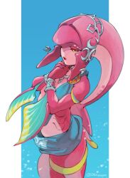  1girl arm_fins blue_background border bracer colored_skin cowboy_shot eyeliner fins fish_girl gills half-closed_eyes head_fins jewelry makeup mipha monster_girl multicolored_skin own_hands_clasped own_hands_together pillarboxed red_eyeliner red_skin solo the_legend_of_zelda the_legend_of_zelda:_breath_of_the_wild tsuyuga twitter_username two-tone_skin white_border white_skin zora 