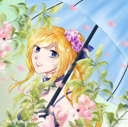  1girl artist_name blonde_hair blue_dress blue_eyes blurry blurry_background blurry_foreground bow breasts choker deviantart_username dress flower hagitachi hair_flower hair_ornament highres holding holding_umbrella leaf lipstick long_hair makeup medium_breasts original parasol petals pink_flower ribbon sky smile solo sundress umbrella watermark 