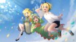  3girls :d absurdres acrylicstroke amano_pikamee apron arm_up bare_shoulders black_footwear black_hairband black_shorts blonde_hair blue_sky bobby_socks breasts brown_apron clouds commentary day dinosaur_costume double_bun english_commentary frilled_skirt frilled_sleeves frills green_eyes green_hair green_nails green_shirt green_skirt hair_between_eyes hair_bun hairband highres long_sleeves looking_at_viewer midair multicolored_hair multiple_girls multiple_persona nail_polish off-shoulder_shirt off_shoulder orange_footwear outdoors sharp_teeth shirt shoes short_shorts shorts signature skirt sky sleeves_past_wrists slippers small_breasts smile socks spikes teeth two-tone_hair virtual_youtuber voms white_shirt white_socks 