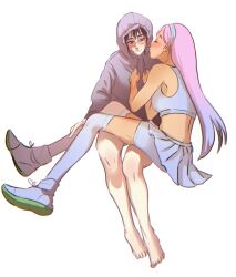  alien_stage barefoot black_hair cat_(ferroxine) closed_eyes commentary drawstring glasses hairband hashtag-only_commentary highres hood hood_up invisible_chair kneehighs long_hair mizi_(alien_stage) pink_hair puckered_lips shoes shorts sitting skirt socks sports_bra sportswear sua_(alien_stage) tennis_skirt tennis_uniform very_long_hair violet_eyes white_hairband white_shoes white_shorts white_skirt white_socks white_sports_bra yuri 