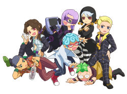  >_< 6+boys :d black_gloves black_hat black_jacket black_pants blonde_hair blue_eyes blue_hair bottle brown_hair computer crossed_arms formaggio ghiaccio glass_shard gloves green_eyes green_hair grey_hair hand_on_own_hip happy hat holding_glass_shard illuso in_bottle in_container jacket jojo_no_kimyou_na_bouken laptop lying mask melone moisukii multiple_boys on_side pants pesci prosciutto_(jojo) purple_hair red-framed_eyewear red_eyes risotto_nero short_hair sitting smile sweat tears tripping vento_aureo wavy_eyes white_jacket xd 