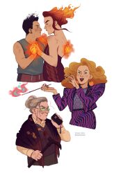  1980s_fashion 4girls agnes_montague black_eyes black_hair blonde_hair blood blood_on_face brown_shirt brown_skirt cane cigarette_holder closed_mouth commentary curly_hair dress dripping earrings english_commentary eye_contact eyeshadow fiery_hair fingernails fire frown gertrude_robinson glaring green_eyeshadow grey_hair grey_tank_top hair_bun hand_on_another's_back hand_on_another's_shoulder helen_richardson holding holding_cane holding_hands jewelry jude_perry long_fingernails long_hair looking_at_another looking_at_viewer makeup medium_hair melting multiple_girls old old_woman open_mouth pants print_shirt print_suit purple_suit purple_sweater_vest pyrokinesis red_dress red_lips red_pants red_shawl semi-rimless_eyewear shawl shirt short_hair shoulder_pads simple_background single_hair_bun skirt smile smoke smoke_from_head spiral_print suit sweater_vest sweatpants tank_top tape_recorder tasha_neva the_magnus_archives tomboy violet_eyes white_background yuri 