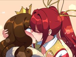  2girls blush brown_hair burger_king closed_eyes commentary crown earrings english_commentary eyeliner from_side hand_on_another&#039;s_head jacket jewelry kiss long_hair looking_at_another makeup mcdonald&#039;s merryweather mini_crown multiple_girls parted_bangs personification portrait red_eyeliner red_hair ryuuxin simple_background smile stud_earrings surprised twintails wcdonald&#039;s wide-eyed yellow_background yellow_eyes yellow_jacket yuri 