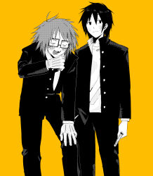  2boys boxcutter coat commentary_request cowboy_shot fang gakuran glasses gloves greyscale_with_colored_background hand_on_own_knee highres holding holding_boxcutter holding_knife jacket knife kohakohakohata looking_at_viewer male_focus multiple_boys open_clothes open_jacket randal&#039;s_friends randal_ivory school_uniform short_hair simple_background standing tongue tongue_out tsukada_satoru yellow_background 