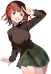  1girl :d absurdres amami_haruka arm_up black_sweater blush bow breasts brown_hair dot_nose green_eyes green_skirt hair_ribbon highres idolmaster idolmaster_(classic) idolmaster_million_live! idolmaster_million_live!_theater_days looking_at_viewer medium_breasts multiple_girls open_mouth pink_nails pleated_skirt red_ribbon ribbon shiroyu short_hair simple_background skirt smile solo standing sweater v waist_bow 