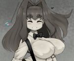  1girl absurdres alternate_breast_size black_bow black_bowtie blush bow bowtie closed_eyes collared_shirt covered_nipples facing_viewer greyscale heart highres monochrome neo_hajime no_nose parted_lips shadow shirt smile solo suspenders sweetest_music takeuchi_mariya upper_body web_address white_shirt 