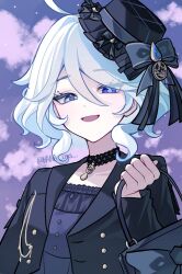  1girl alternate_costume black_choker black_hat choker drop-shaped_pupils eyelash_ornament furina_(genshin_impact) genshin_impact hana_cms hat heterochromia highres lace-trimmed_choker lace_trim mismatched_pupils multicolored_hair smile solo streaked_hair symbol-shaped_pupils upper_body 