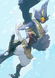  1boy bird_boy bird_wings blue_background blue_feathers closed_mouth eyeliner facial_mark feathers green_eyes hand_on_own_hip highres makeup male_focus monster_boy pants red_eyeliner revali rito scarf sketch solo talons the_legend_of_zelda the_legend_of_zelda:_breath_of_the_wild tsuyuga white_pants wings 