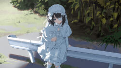  1girl absurdres black_hair bob_cut bow bowtie capelet closed_mouth commentary_request cross-laced_clothes cross-laced_dress day dress expressionless eyepatch feet_out_of_frame flat_chest flower frilled_hairband frilled_skirt frills grass grey_eyes guard_rail hair_bow hairband half-closed_eye heart heart_eyepatch highres holding holding_stuffed_toy impasto leaf lolita_fashion lolita_hairband looking_at_viewer medium_hair original outdoors plant scenery shadow siotanikun sitting skirt solo stuffed_toy sunflower text_hair_ornament thigh-highs traffic_barrier white_bow white_bowtie white_capelet white_dress white_thighhighs 