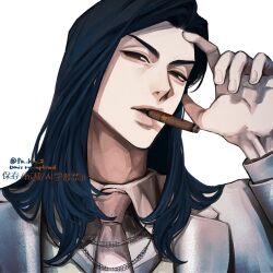  1boy 5fuktk black_eyes blue_hair cigar collar_chain_(jewelry) collared_shirt commentary curtained_hair everyday_host film_grain fingernails hand_on_own_face jacket lapels long_hair long_sleeves looking_at_viewer louis_(everyday_host) male_focus mature_eyes mouth_hold necktie notched_lapels pale_skin parted_bangs portrait shirt simple_background smoking solo suit_jacket symbol-only_commentary twitter_username v-shaped_eyebrows watermark white_background white_jacket white_necktie white_shirt 