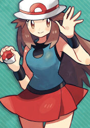  1girl anidler91 blue_shirt brown_eyes brown_hair cowboy_shot hands_up hat highres holding holding_poke_ball leaf_(pokemon) long_hair looking_at_viewer no_sclera poke_ball poke_ball_(basic) pokemon pokemon_frlg porkpie_hat red_skirt shirt skirt sleeveless sleeveless_shirt smile solo waving white_hat wristband 