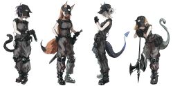  4girls alternate_costume animal_ear_fluff animal_ears arknights axe baseball_cap black_pants black_shirt black_shoes blacksteel_worldwide_(arknights) blonde_hair breasts brown_hair cat_ears cat_girl cat_tail commentary dragon_girl dragon_horns dragon_tail fox_ears fox_girl fox_tail franka_(arknights) from_side full_body grey_hair gun handgun hat highres holding holding_axe holding_gun holding_sword holding_weapon horns jessica_(arknights) liskarm_(arknights) long_hair multiple_girls pants pointy_ears pppmepl shirt shoes short_hair simple_background standing sword tail vanilla_(arknights) weapon white_background 
