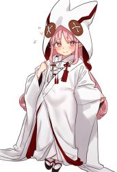 1girl :3 absurdres bad_link blush breasts bride button_eyes buttons ebora fate/grand_order fate_(series) habetrot_(fate) highres hood hooded_kimono japanese_clothes kimono long_hair long_sleeves looking_at_viewer pink_eyes pink_hair platform_sandals pointy_ears sandals shiromuku sidelocks small_breasts smile solo sweatdrop tassel uchikake wataboushi white_kimono wide_sleeves 