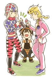  3boys animal_print blonde_hair commentary_request earrings full_body giorno_giovanna guido_mista gun hand_on_own_face hat holding holding_gun holding_weapon jacket jewelry jojo_no_kimyou_na_bouken long_sleeves looking_at_another male_focus midriff moisukii multiple_boys narancia_ghirga pants pectoral_cleavage pectorals pink_jacket pink_pants sex_pistols_(stand) short_hair squatting stand_(jojo) tiger_print weapon 