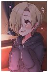  1girl absurdres blonde_hair blush collarbone couch curtains ear_piercing grey_hoodie hair_over_one_eye heart highres hood hoodie idolmaster idolmaster_cinderella_girls idolmaster_cinderella_girls_starlight_stage long_sleeves looking_at_another mariabowl open_mouth piercing red_eyes shirasaka_koume short_hair sleeves_past_wrists smile solo table 