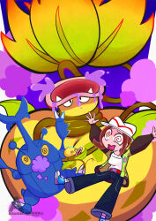  1girl @_@ acid arms_up bellsprout belt blue_shoes brown_hair commentary denim dizzy english_commentary eyelashes fangs foaming_at_the_mouth gas green_jacket harmony_(pokemon) hat heracross highres jacket jeans leaf long_sleeves mega_pokemon mega_victreebel open_clothes open_jacket open_mouth pants pink_lips plant pokemon pokemon_(creature) pokemon_legends:_z-a red_belt shirt shoelaces shoes smile spiral-only_eyes toon_(style) user_rexr5585 victreebel vines wavy_mouth white_hat white_shirt 