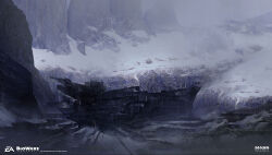  ben_lo blurry blurry_background cliff concept_art crack depth_of_field highres hole ice mass_effect_(series) mountainous_horizon no_humans painterly river scenery snow snowing 