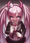  1girl black_jacket bow cheeseko crying danganronpa_(series) danganronpa_another_episode:_ultra_despair_girls fake_horns gradient_background hair_bow hairband hands_up horns jacket long_hair long_sleeves looking_at_viewer open_mouth pink_eyes pink_hair skirt solo twintails utsugi_kotoko very_long_hair 