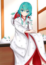  1girl absurdres aqua_eyes aqua_hair blush commentary drill_hair hair_between_eyes hair_ornament hatsune_miku highres hood hood_down hooded_kimono japanese_clothes kimono leaf long_hair long_sleeves looking_at_viewer low_twintails nekoinu_bamboo official_alternate_costume official_alternate_hairstyle shiromuku simple_background sitting smile snow_rabbit snowflake_print solo tassel twin_drills twintails uchikake upper_body vocaloid wataboushi white_kimono wide_sleeves yuki_miku yuki_miku_(2013) 
