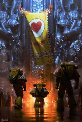  6+boys absurdres adeptus_astartes architecture armor armored_boots arrow_print blood blood_angels blood_drip boots breastplate cassock cherub cross cross_print doodlok english_text fire flower_ornament from_behind full_armor full_body gauntlets greaves halo heart heart_print highres imperial_aquila indoors kneeling lamenters_(warhammer_40k) lightning_bolt_symbol male_focus multiple_boys on_one_knee own_hands_clasped own_hands_together painterly pauldrons power_armor praying priest reflection reflective_water ripples robe science_fiction shoulder_armor signature skull_ornament spiked_halo square_print standing standing_on_liquid statue temple vambraces warhammer_40k water wings worship yellow_armor yellow_flag 