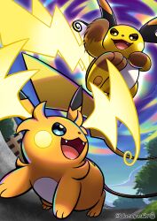 :3 absurdres blue_eyes brown_eyes clouds commentary_request day fang fangs highres jumping looking_at_another mega_pokemon mega_raichu_x mega_raichu_y multiple_tails no_humans open_mouth outdoors pokemon pokemon_(creature) pokemon_focus pokemon_legends:_z-a punching raichu road signature sky smile tail twitter_username very_long_ears watagashikn