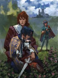  3boys blue_hair bush cape capelet castle clouds cloudy_sky curtained_hair day diluc_(genshin_impact) dress ecler_ecler full_body genshin_impact green_dress hat head_tilt highres hill holding holding_sword holding_weapon instrument kaeya_(genshin_impact) kneeling lace lute_(instrument) multiple_boys music one_side_up painterly playing_instrument red_cape red_hair red_shirt shirt short_hair sky smile standing sword venti_(genshin_impact) weapon white_shirt 