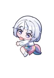  1girl ayatsuno_yuni blush chibi crescent grey_eyes grey_hair highres horns horse_tail jacket long_sleeves multicolored_skirt puffy_long_sleeves puffy_sleeves shoes shuni_valentine single_horn skirt solo stellive tail tongue tongue_out transparent_background unicorn_girl unicorn_horn virtual_youtuber white_jacket white_shoes 