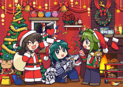  3boys blush_stickers bread chicken_(food) christmas_sweater christmas_tree christmas_wreath cyber_dragon feathers fireplace flower food fujiwara_yuusuke green_hair hat honest_(yu-gi-oh!) male_focus marufuji_ryo moisukii multiple_boys open_mouth party_popper pharaoh_(cat) poinsettia santa_costume santa_hat scapegoat tenjouin_fubuki wreath yu-gi-oh! yu-gi-oh!_gx 