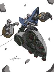  armor blue_armor cable detached_arm finger_cannon full_body grey_armor gundam horns looking_at_viewer mecha misirabi07 mobile_armor mobile_suit_gundam one-eyed robot rock science_fiction thrusters zeong 