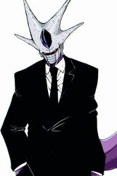  1boy black_jacket black_suit colored_skin cooler_(dragon_ball) cowboy_shot dragon_ball dragon_ball_z hand_in_pocket jacket male_focus mokorakugaki purple_skin red_eyes shirt simple_background solo suit white_background white_shirt 