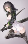  1girl black_hair blush closed_mouth dress glasses gloves green_eyes highres holding holding_sword holding_weapon long_hair looking_at_viewer mechanical_legs original ris_(ris_fi8) running simple_background solo sword weapon 
