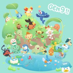  absurdres afloat black_eyes bulbasaur charmander chespin chikorita chimchar commentary_request cyndaquil fennekin flower flower_on_head froakie fuecoco grookey highres kinokorin lily_pad litten lying mudkip no_humans on_back open_mouth oshawott pink_flower piplup poke_ball poke_ball_(basic) pokemon pokemon_(creature) popplio quaxly red_eyes rowlet scorbunny shell smile snivy sobble solid_oval_eyes sprigatito squirtle swimming tepig torchic totodile treecko turtwig white_flower yellow_flower 