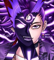  black_choker black_eyeliner blancojon14 choker dragon_boy_(to_be_hero_x) ear_piercing eyebrow_piercing eyeliner face_piercing full-body_tattoo glowing glowing_eye hawaiian_shirt highres makeup mohawk piercing purple_hair revealing_layer sharp_teeth shirt tattoo teeth to_be_hero to_be_hero_x transformation violet_eyes 