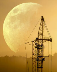  commentary_request crane_(machine) full_moon hoshiumisora monochrome moon no_humans orange_theme original outdoors photorealistic realistic scenery 