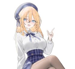  1girl absurdres aqua_eyes beret blue_eyes blue_skirt breasts hair_between_eyes hat highres long_hair looking_at_viewer medium_breasts neptune_(series) open_mouth orange_hair orange_heart_(neptunia) shirt simple_background skirt smile solo white_background white_shirt yoshi_mcswagger 