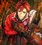  1boy armor cape closed_mouth diamant_(fire_emblem) fire_emblem fire_emblem_engage gloves highres looking_at_viewer male_focus red_eyes redhead shidanna1227 short_hair shoulder_armor smile solo 