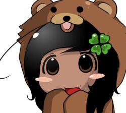 1girl 4chan ahoge animal_hood bear bear_hood black_hair blush blush_stickers brown_eyes brown_hoodie brown_sleeves canihavepromo character_hood clover clover_hair_ornament dark-skinned_female dark_skin fang hair_ornament hoodie kuma long_sleeves marie_(canihavepromo) medium_hair open_mouth pedobear pedobear_(cosplay) real_life simple_background solo white_background