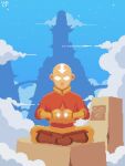  1boy aang absurdres animated animated_gif avatar:_the_last_airbender avatar_legends bald blue_sky breathing bright_pupils brown_footwear clouds day highres male_focus meditation outdoors own_hands_together robe silhouette sitting sky solo white_pupils wind wind_light 