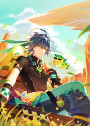 1boy absurdres ajaw_(genshin_impact) analogous_colors black_gloves black_hair black_shirt brill_p canyon closed_mouth color_contrast commentary_request crossed_bangs earrings genshin_impact gloves green_eyes green_hair green_headband hair_between_eyes headband highres jewelry kinich_(genshin_impact) looking_at_viewer male_focus multicolored_hair outdoors revision shirt short_hair short_sleeves sitting sky solo yumkasaurus_(genshin_impact) 