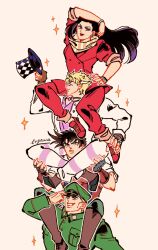  1girl 3boys blue_eyes boots bracelet brown_boots brown_hair caesar_anthonio_zeppeli character_request closed_eyes commentary_request earrings fingerless_gloves gloves green_hat green_jacket green_shirt hand_on_own_hip hat highres holding holding_unworn_clothes holding_unworn_hat jacket jewelry jojo_no_kimyou_na_bouken joseph_joestar joseph_joestar_(young) lisa_lisa long_hair looking_at_viewer multiple_boys nazi on_shoulder pants red_lips red_pants red_shirt rudolph_von_stroheim scarf shirt short_hair simple_background smile sparkle striped_clothes striped_scarf sushiko_engawa unworn_hat unworn_headwear 