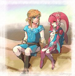  1boy 1girl aqua_tunic barefoot blonde_hair blue_eyes boots bracer breasts brown_boots clawed_feet colored_skin fins fish_girl hair_between_eyes head_fins highres jewelry link looking_at_another medium_hair mipha monster_girl multicolored_skin necklace pants pointy_ears ponytail red_skin shirt short_ponytail sidelocks sitting small_breasts smile the_legend_of_zelda the_legend_of_zelda:_breath_of_the_wild tsuyuga tunic twitter_username two-tone_skin white_pants white_shirt white_skin zora 