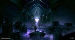  1other ben_lo concept_art dark from_behind full_body glowing hallway highres mass_effect_(series) mini_person painterly scenery solo spacecraft_interior standing 