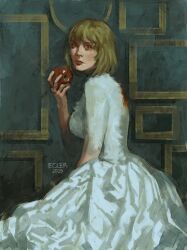  1girl apple blonde_hair blood blood_on_clothes bob_cut breasts brown_eyes dress dungeon_meshi ecler_ecler falin_touden food fruit hand_on_lap highres holding holding_food holding_fruit looking_at_viewer serious short_hair sitting solo white_dress wide-eyed 