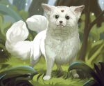  animal animal_focus cub english_commentary forest fox highres juno_viinikka kitsune light_particles looking_at_viewer multiple_tails nature no_humans on_grass original outdoors sparkling_eyes tail tongue tongue_out tree two_tails whiskers white_fur 