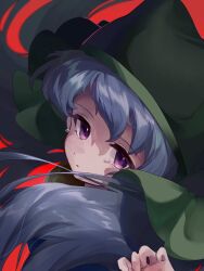  1girl amadare_rak blue_hair crying crying_with_eyes_open dress floating_hair frills from_side green_headscarf hair_between_eyes hand_up haniyasushin_keiki headscarf highres long_hair looking_at_viewer open_mouth red_background simple_background solo tears touhou turtleneck turtleneck_dress upper_body violet_eyes yellow_dress 