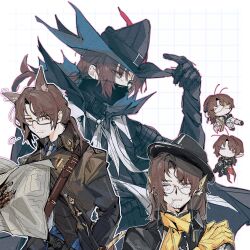  5boys absurdres animal_ears antenna_hair arknights beard_stubble belt black-framed_eyewear black_cape black_coat black_gloves black_hat black_jacket black_pants black_shirt black_shoes blue_shirt brown_hair cape chibi chibi_inset cigarette coat collared_shirt cosplay crab_claw crossover dngrumauma facial_hair fedora fins gauntlets glasses gloves gregor_(project_moon) grid_background hand_in_pocket hand_on_headwear hat hat_belt head_fins highres holding holding_newspaper horse_ears jacket lee_(arknights) lee_(arknights)_(cosplay) limbus_company looking_at_viewer male_focus mask medium_hair mlynar_(arknights) mlynar_(arknights)_(cosplay) mouth_mask multiple_boys multiple_persona multiple_views mustache_stubble neckerchief necktie newspaper no_mouth one_eye_closed pants partially_unbuttoned pointy_ears ponytail project_moon scarf semi-rimless_eyewear shirt shoes stubble thorns_(arknights) thorns_(arknights)_(cosplay) thorns_the_lodestar_(arknights) ulpianus_(arknights) ulpianus_(arknights)_(cosplay) unlit_cigarette_in_mouth violet_eyes white_background white_neckerchief white_necktie white_pants yellow_eyes yellow_gloves yellow_scarf zuo_le_(arknights) zuo_le_(arknights)_(cosplay) 