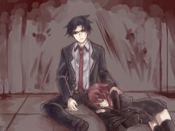  1boy 1girl black_jacket black_pants black_thighhighs blazer blood bow buttons chaos;child chest_bow closed_eyes collared_shirt cropped_jacket double-breasted dress_shirt dress_vest frown hekiho_academy_school_uniform jacket lapels long_sleeves looking_at_viewer miniskirt miyashiro_takuru necktie nekoyashiki_08 notched_lapels onoe_serika open_clothes open_jacket pants red_bow red_necktie sailor_collar school_uniform science_adventure serious shirt sitting skirt sleeping spread_legs thigh-highs white_sailor_collar white_shirt 