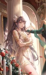  2girls against_pillar arch artist_request blindfold blonde_hair blue_eyes bridal_gauntlets candle cape chandelier closed_mouth cowboy_shot crossed_arms doorway dress earrings expressionless eyeshadow face-to-face feather_hair_ornament feathers flower game_cg glowing_crown_(shining_nikki) gold_armlet greco-roman_clothes green_dress green_shawl grey_hair hair_ornament hairband highres indoors jewelry kabedon light_frown light_particles lilith_(shining_nikki) lipstick long_dress long_hair long_sleeves looking_at_another makeup misty_blue_veil_(shining_nikki) multiple_girls nikki_(series) official_art painting_(object) petals pink_eyeshadow ponytail red_flower red_lips red_rose rose rose_petals shawl shining_nikki short_dress sleeveless sleeveless_dress sleeves_past_wrists snake_hair_ornament stairs standing very_long_hair wavy_hair white_cape white_dress yellow_hairband zoey_(shining_nikki) 